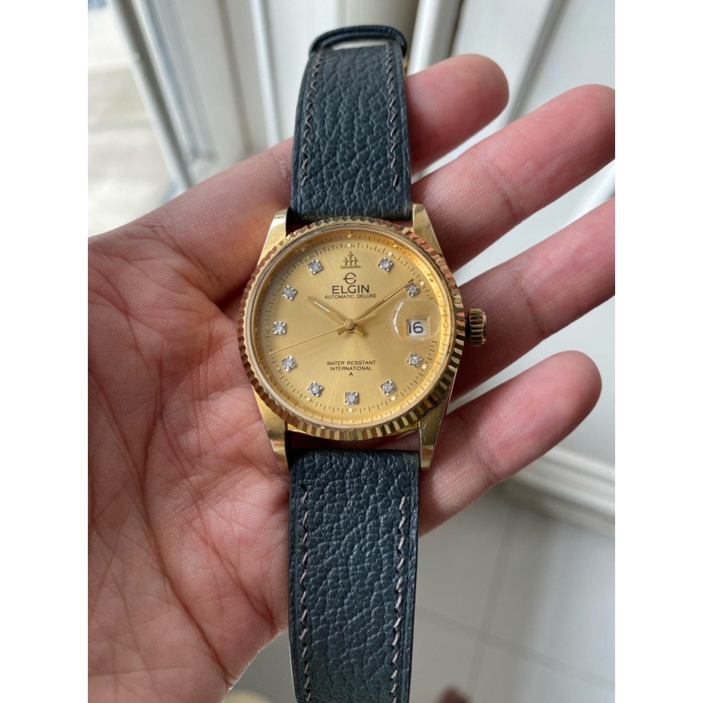 Elgin (USA Made) Automatic Deluxe Gold Plated Case with Zircon Gem index full original case body mul