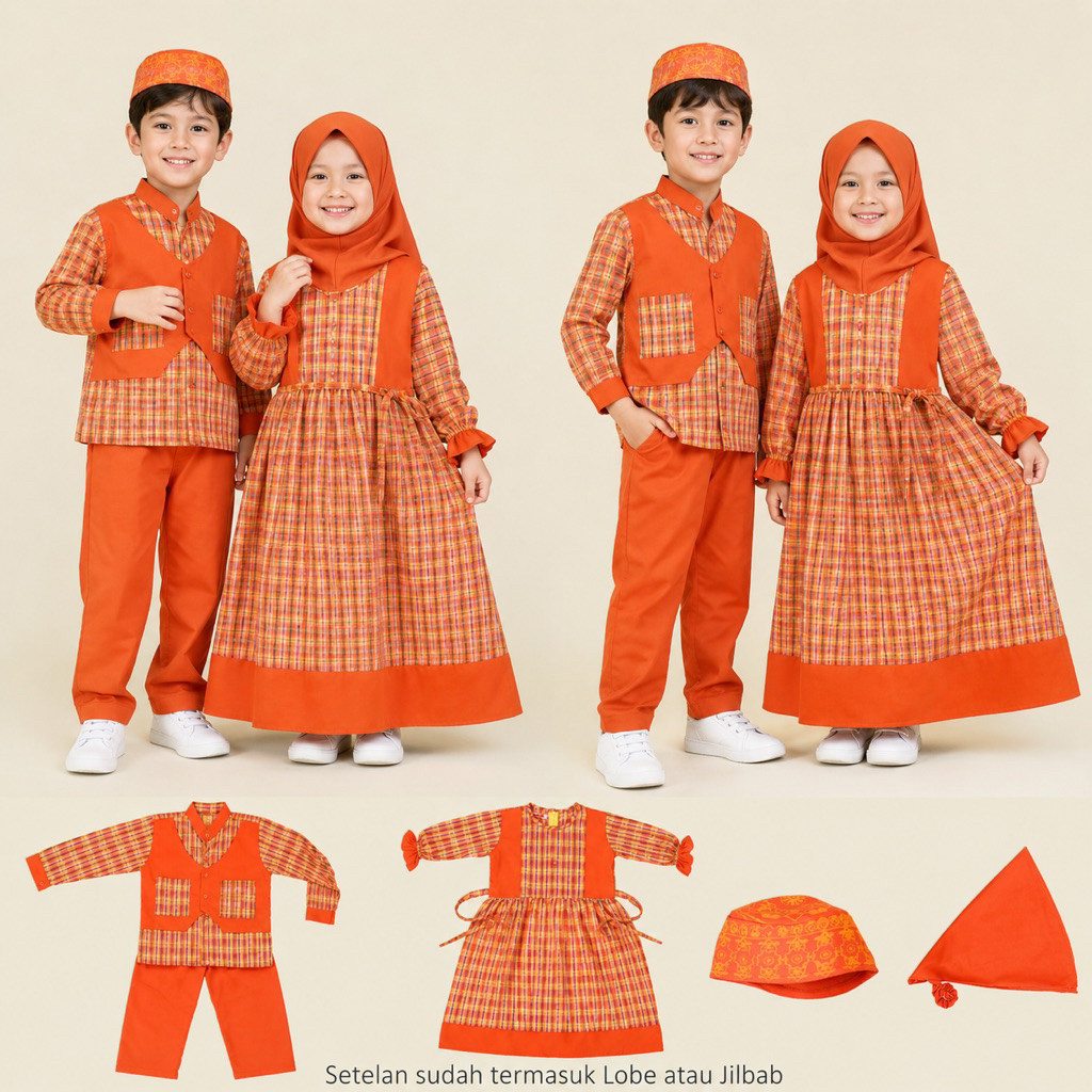 Seragam Sekolah Muslim Anak TK Laki-laki dan Perempuan Motif Kotak Oren