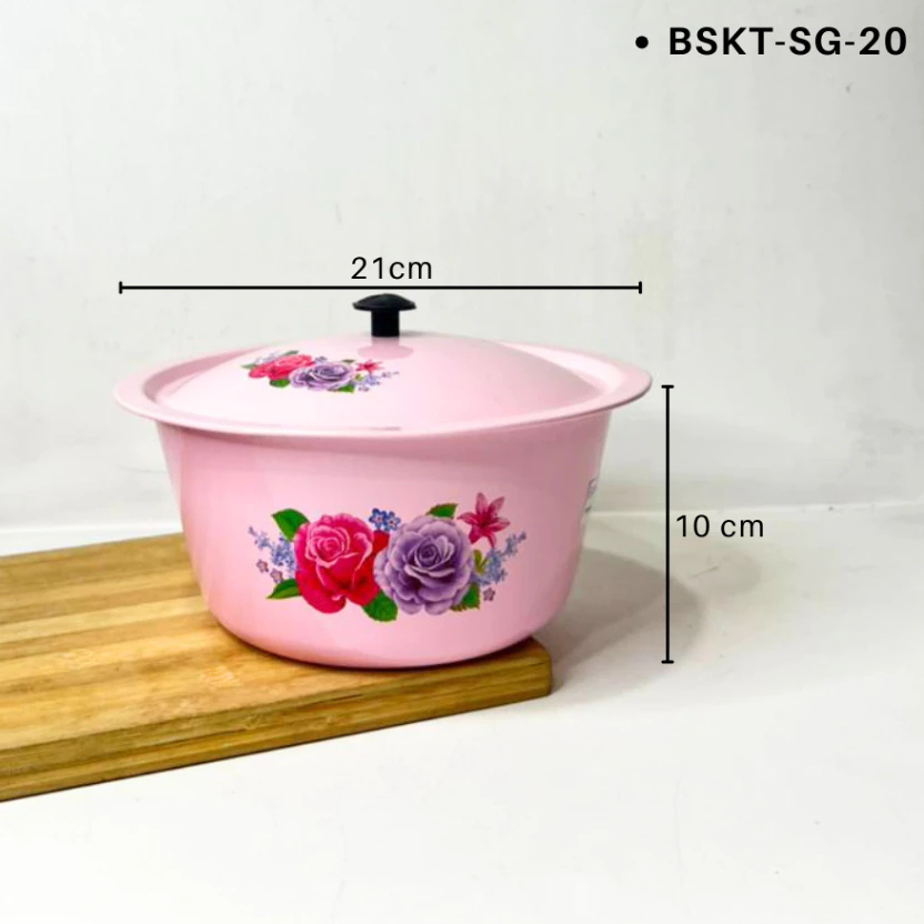 Baskom Tutup Seng Kembang Warna / Baskom Tutup Enamel Motif Kembang Biru & Pink Wadah Lauk Serbaguna