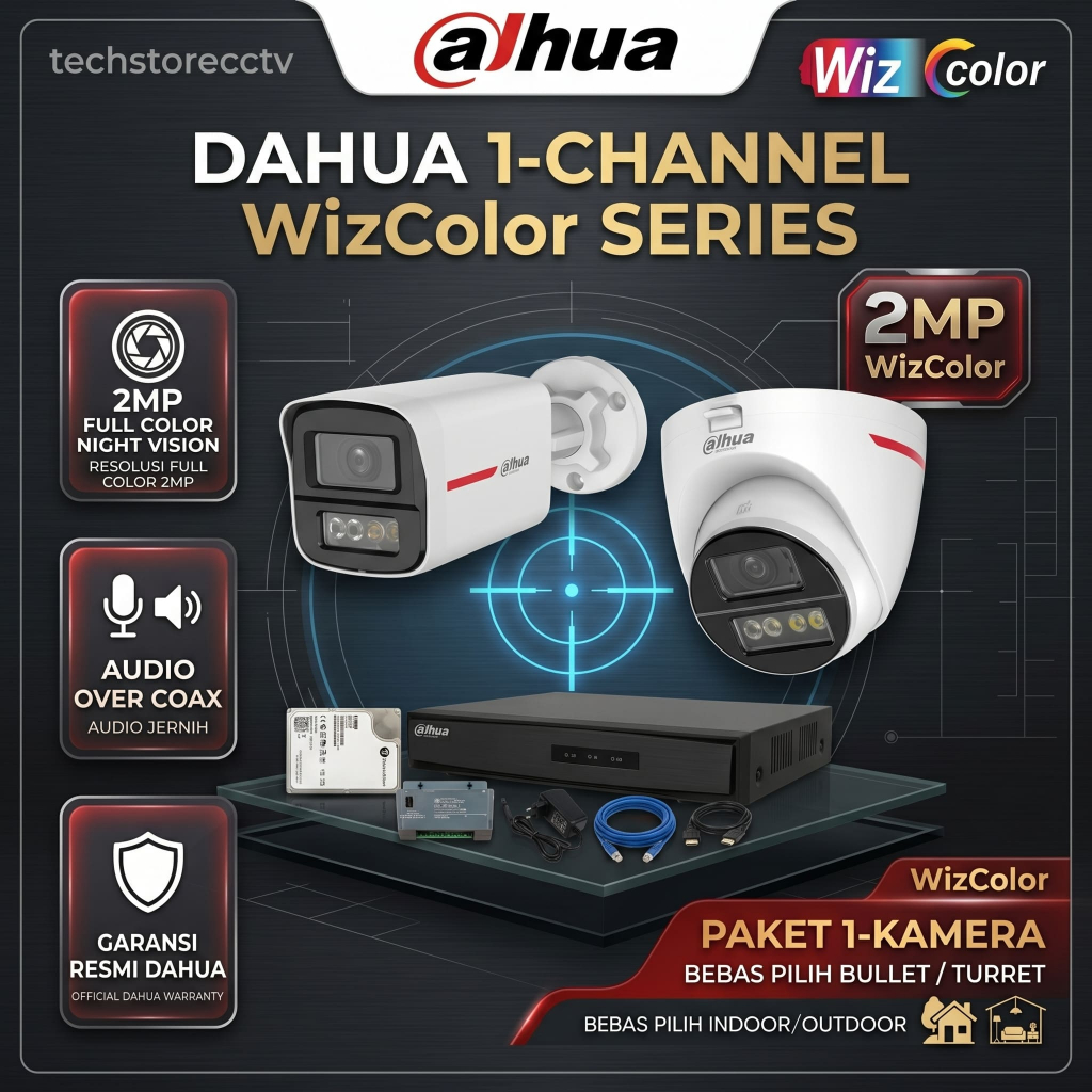 Paket CCTV Dahua 1 Kamera 2MP WizColor Audio Pasang Paket 1 CH Bebas Pilih Indoor Outdoor Garansi Re