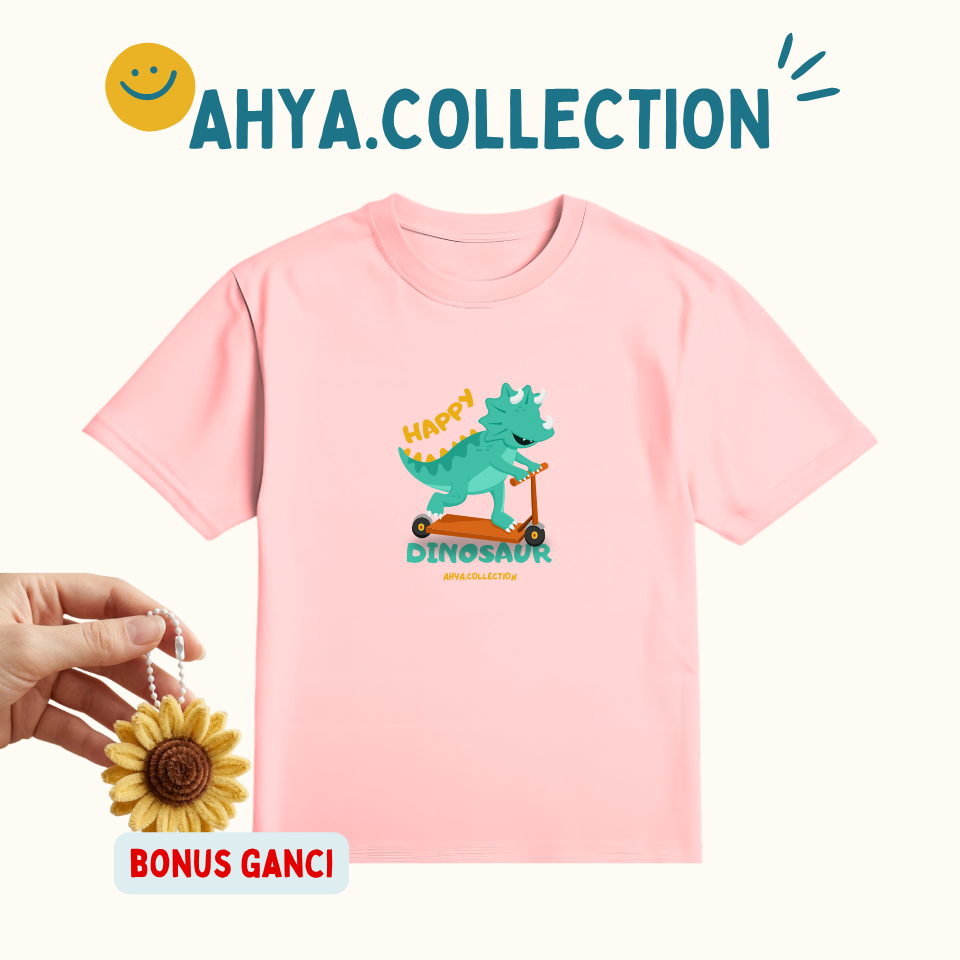 Baju Kaos Anak Perempuan Cewek Lengan Pendek Karakter Happy Dinosaur Scooter T-Shirt Ahya Collection