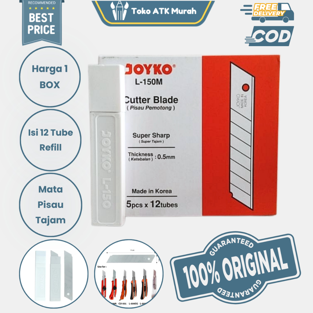1 BOX ( 12 Tube ) Isi Kater / Refill Cutter Blade Joyko Besar L-150 | Mata Pisau Cutter Blade Heavy 