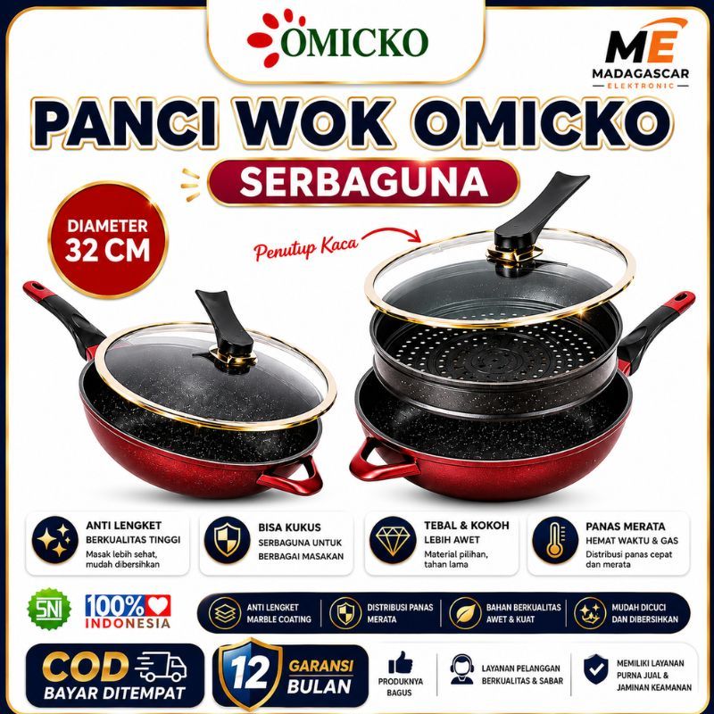 Panci Wok Omicko 32cm + Kukusan & Tutup Kaca | Wajan Anti Lengket Marble | Wok Pan Serbaguna