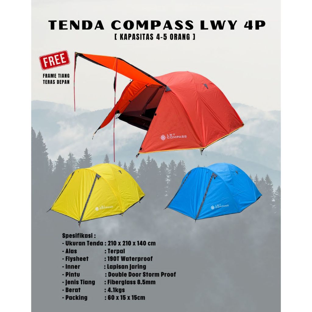 Tenda LWY COMPASS Frame FiberGlass | Tenda LWY Compass Kap 4P | Tenda Dome Double Layer | Tenda Mend