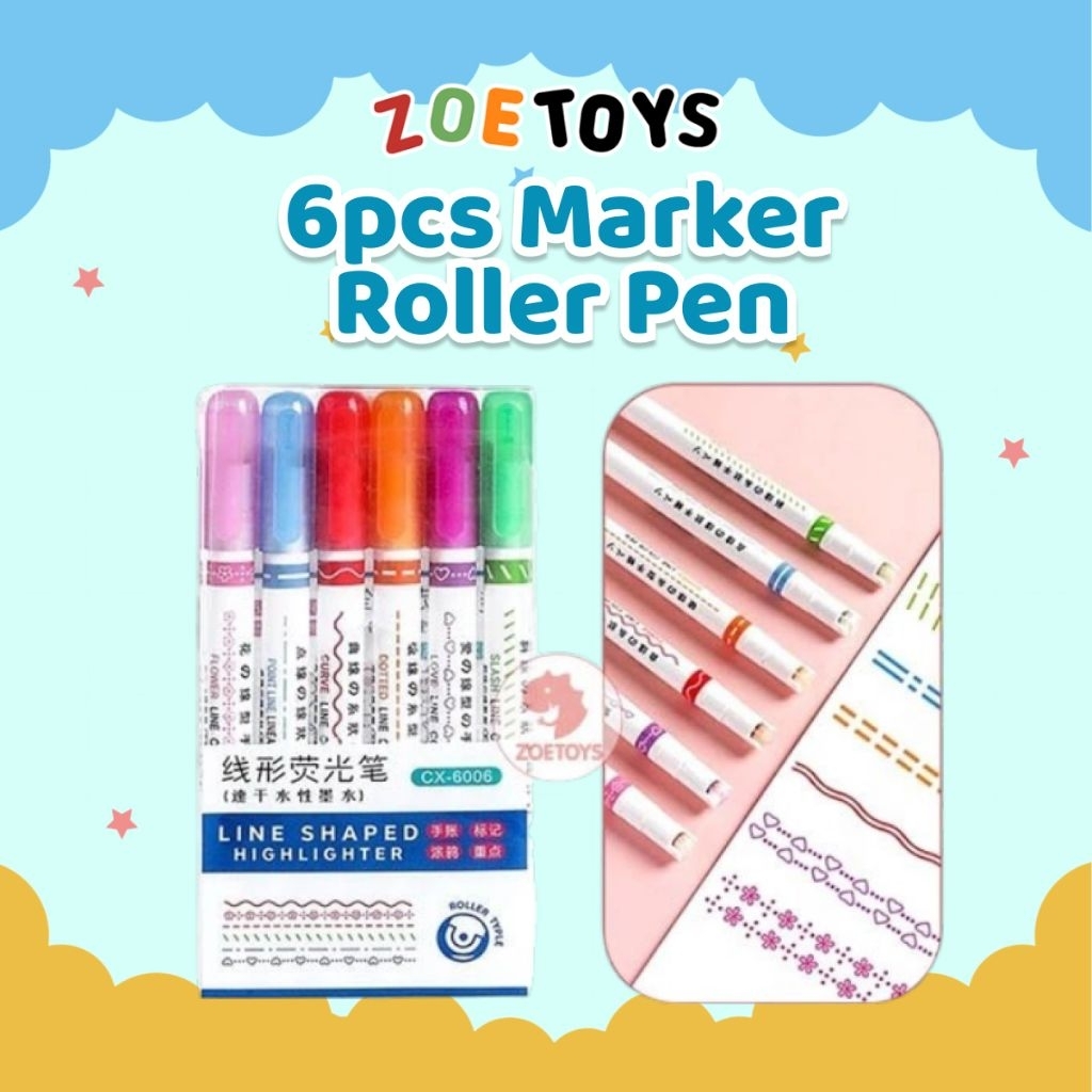 Zoetoys 6pcs Marker Roller Pen | Stamp line marker set | Line Shapes Colorful Drawing Tools Art Stat