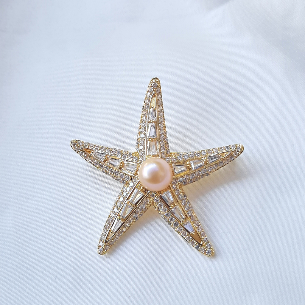 Bros Brooch Bintang Laut Cantik Mutiara Asli Medium 8.5mm