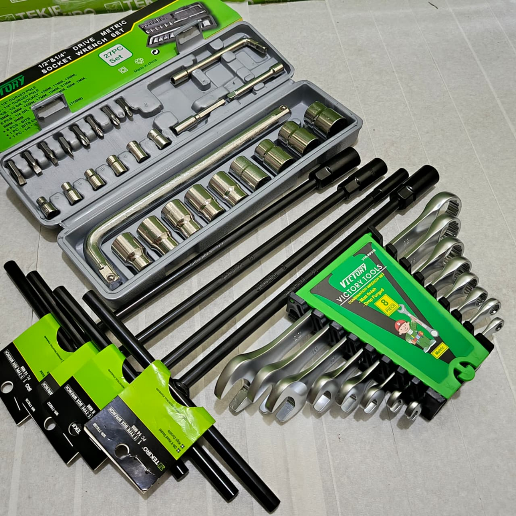 Paket Kunci T 4 Pcs 8-10-12-14 mm Tekiro + Kunci Shock Set 27 Pcs + Kunci Ring Pas Set 8 Pcs Victory