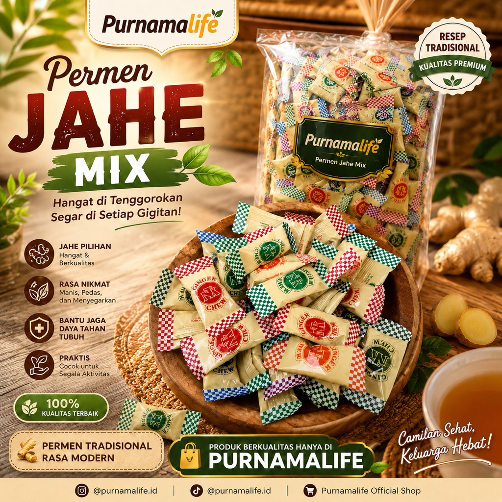 [ PURNAMALIFE ] GINGER CHEW KEMASAN 1 KG I PERMEN JAHE  MIX SIN A KEMASAN KILOAN I PERMEN JADUL KAHE