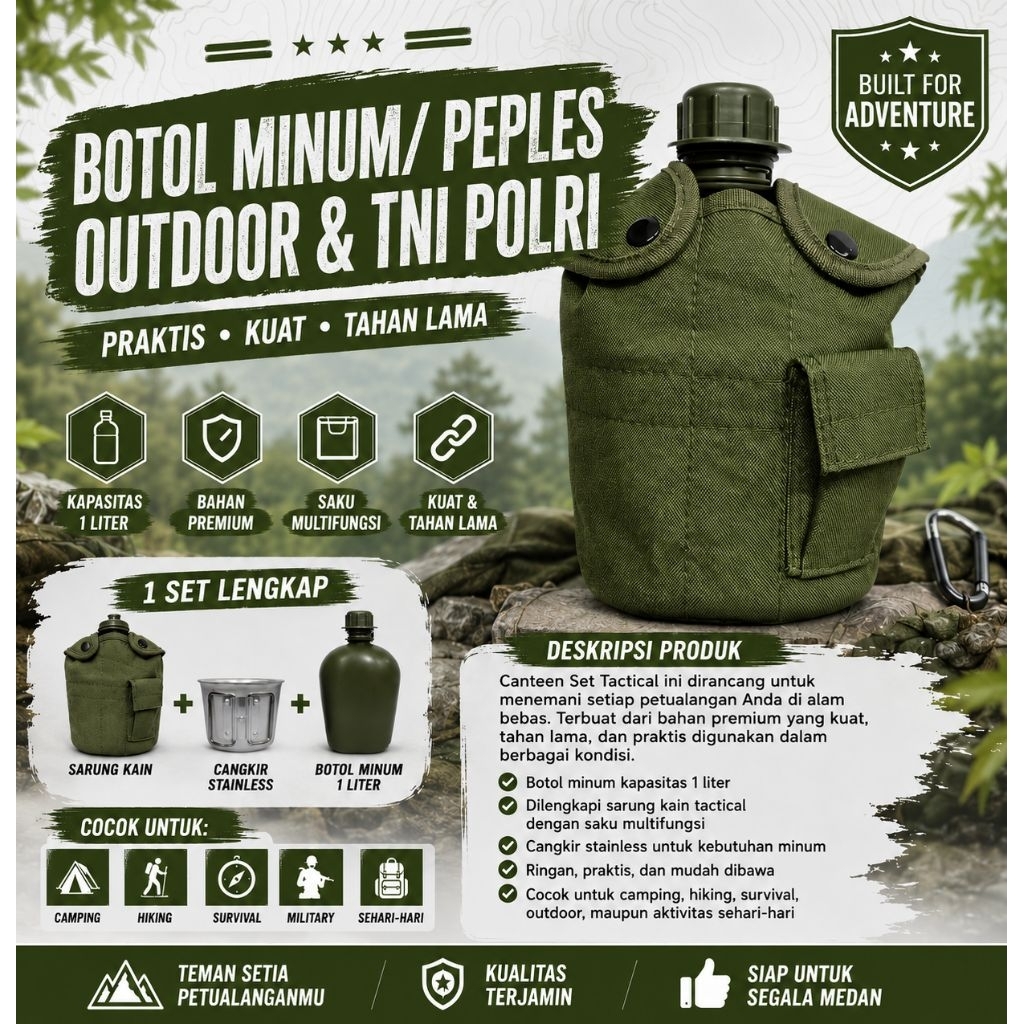 Veples  Botol Air Minum Jatah Asli TNI AD AU AL KEMHAN MENWA Army 1 Liter + Cup Aluminium – Outdoor 