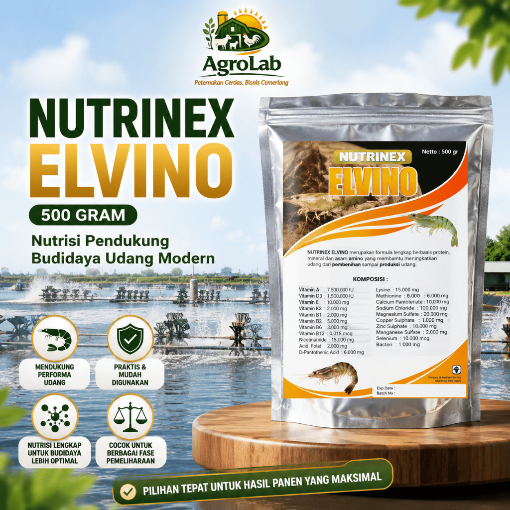 AgroLab Nutrinex Elvino 500 Gram Nutrisi Tambahan Udang Vaname dan Udang Windu Pendukung Pertumbuhan
