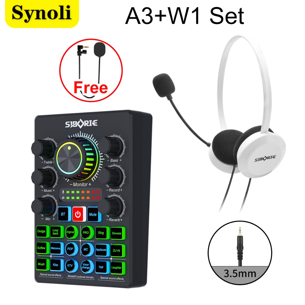 Synoli SIAP COD Sound Card A3 Paket Headphone W1 FREE MIC MINI Peralatan Live Streaming dan Karaoke