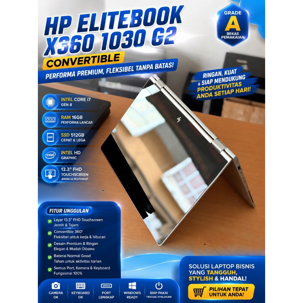 HP ELITEBOOK X360 1030 G2 CONVERTIBLE- INTEL CORE I7 GEN 7 - ⁠16GB RAM- ⁠512GB SSD- ⁠INTEL HD GRAPHI