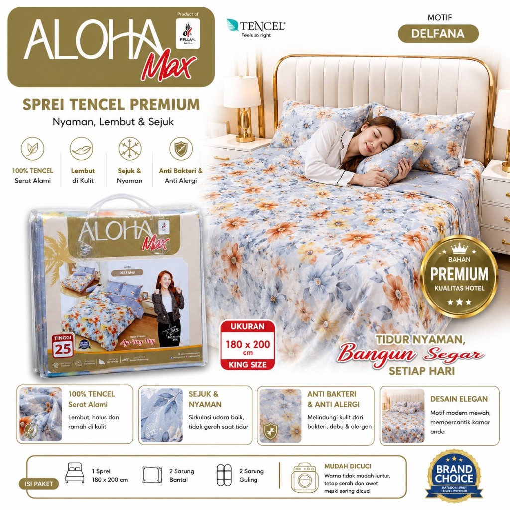 Sprei Tencel Premium ALOHA Max Motif Delfana 180x200 King Size Super Lembut Adem Anti Gerah Anti Ale
