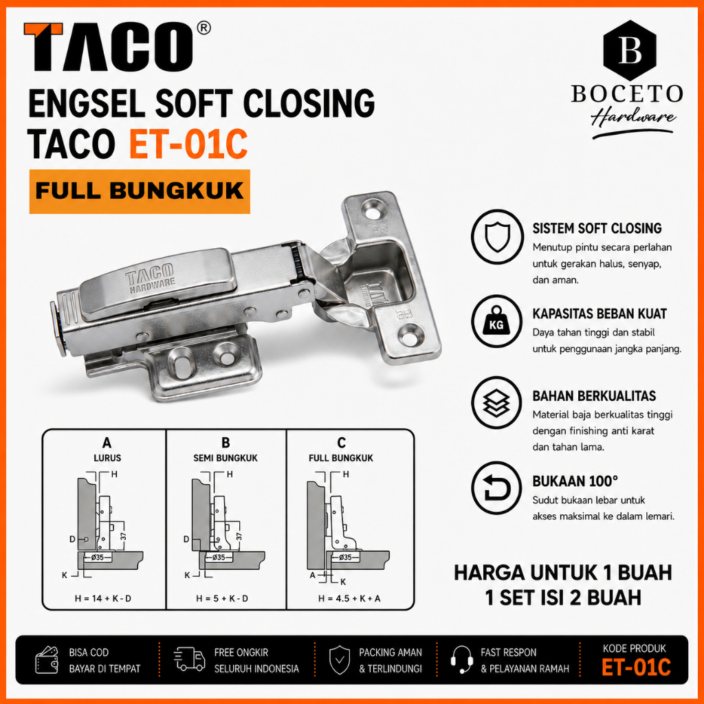 Engsel Sendok TACO / Engsel Lemari Taco ET-01 C / Engsel Full Bungkuk