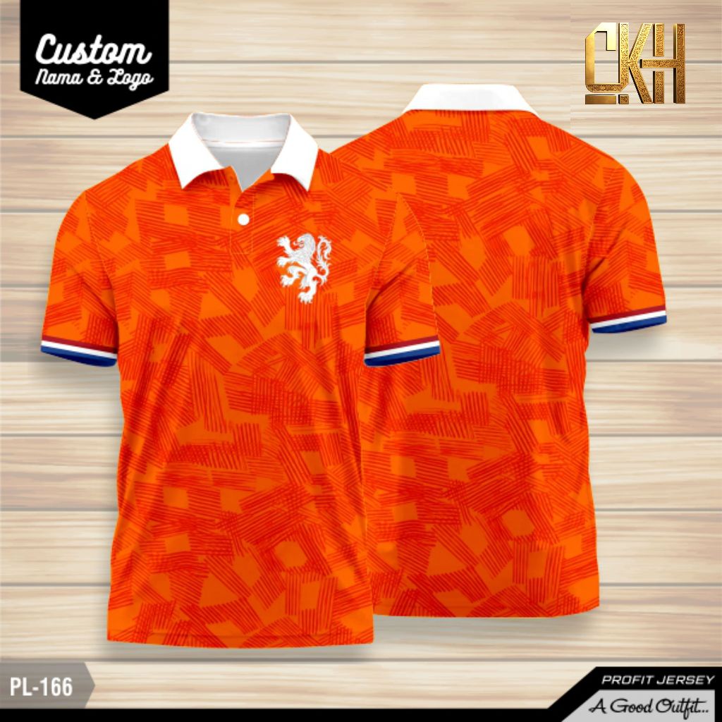 Kaos Polo Jersey Belanda Netherlands Custom Nama & Logo Baju Kerah Olahraga Full Print Orange Premiu