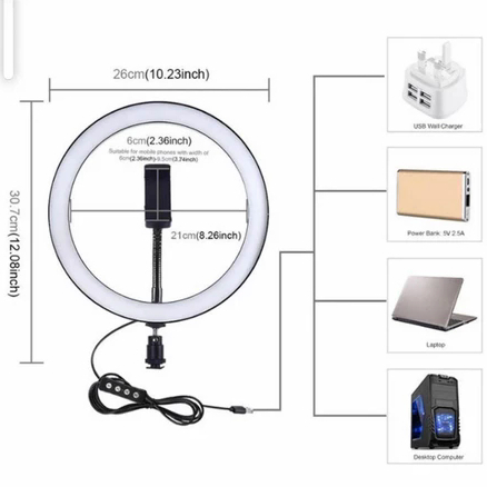 Lampu Ring LED Putih 26cm Untuk Smartphone, Laptop, Komputer, Dengan Charger USB