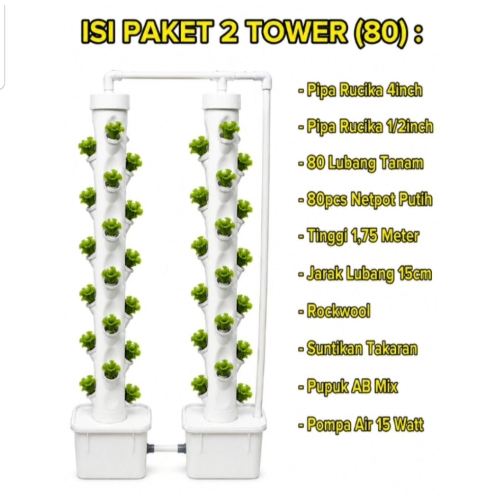ECO Hidroponik Vertikal Paket Hidroponik Vertikal 80 Lubang Tanam Model Dua Tower dan Dua Tower Plus