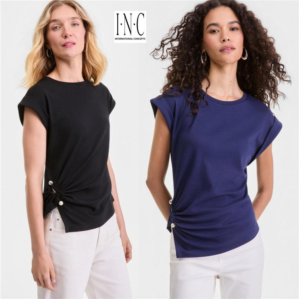 Mode Republic - Side Twist Pearl Detail T-Shirt - Daily Casual Knit Top - Atasan Kaos Katun Lengan P