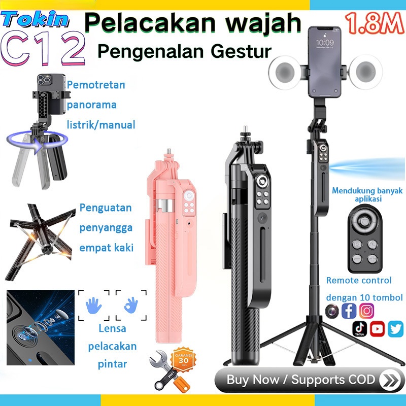 TOOREA C12 Tripod Selfie Stick Pelacakan Wajah Otomatis Tripod Pelacakan Wajah Otomatis Tripod hp to