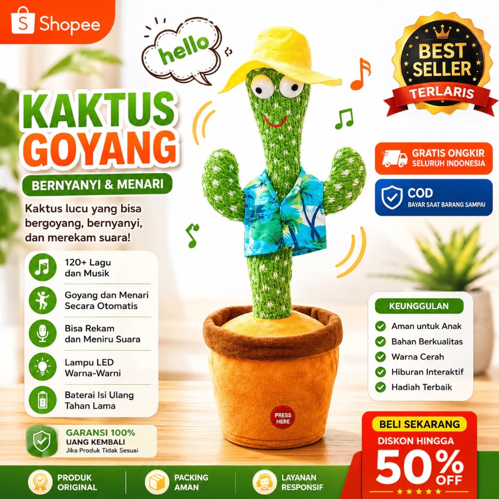 BONEKA KAKTUS GOYANG LAMPU DAN BERBICARA / MAINAN KAKTUS GOYANG BISA DANCE DAN BICARA