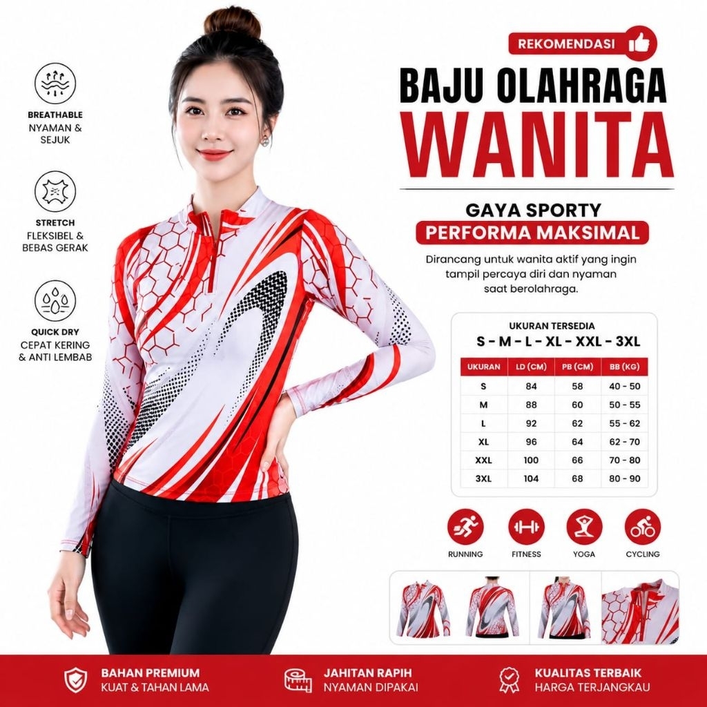 ATASAN WANITA SPECIAL MERAH PUTIH BAJU OLAHRAGA SENAM SXB SPORT COMPRESSION