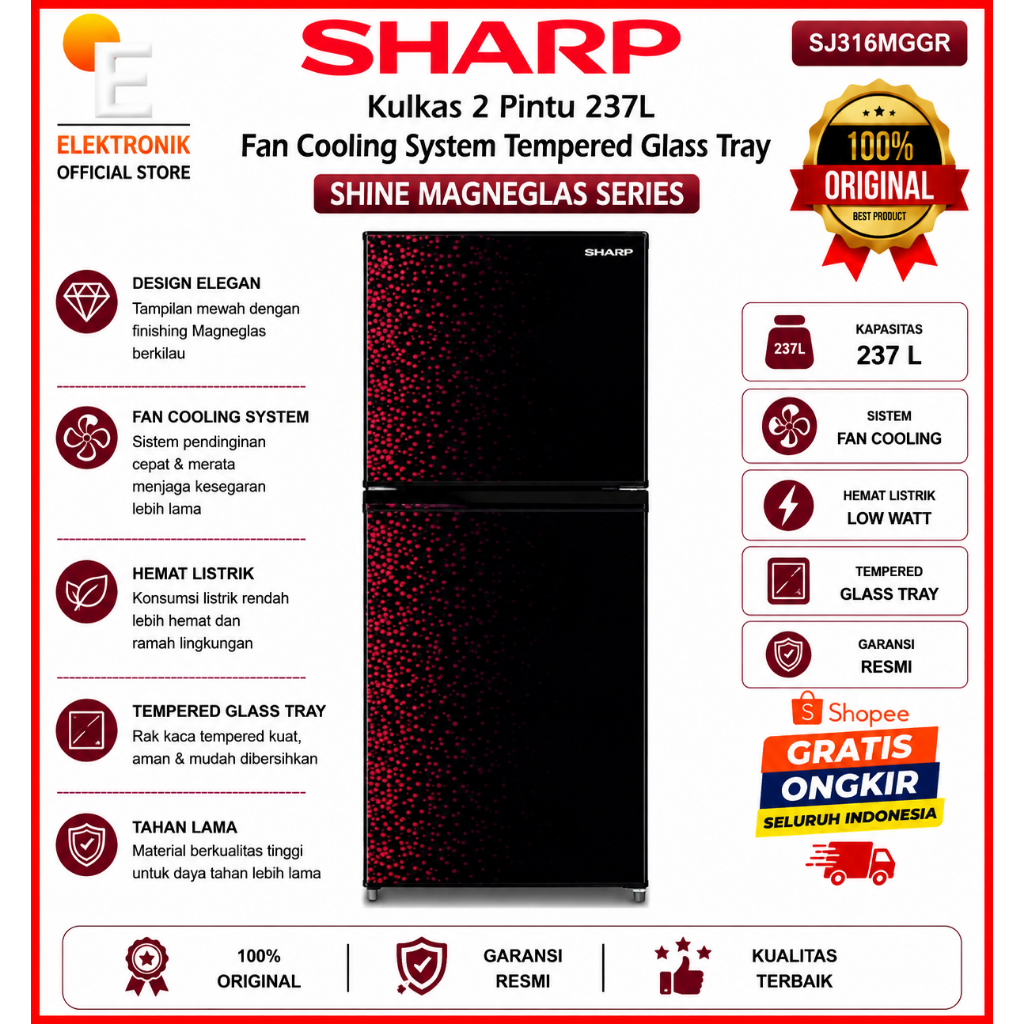 Sharp SJ316MGGR Kulkas 2 Pintu 237L Fan Cooling System Tempered Glass Tray Shine Magneglas Series Tw