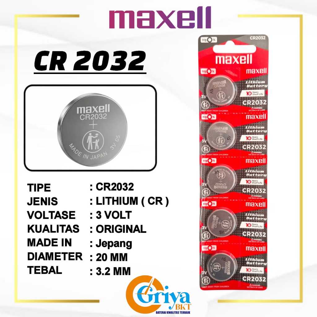 Baterai CR2032 Maxell Original Japan Batrai CR 2032 H 3 Volt Lithium Battery Perlembaran 5 Butir