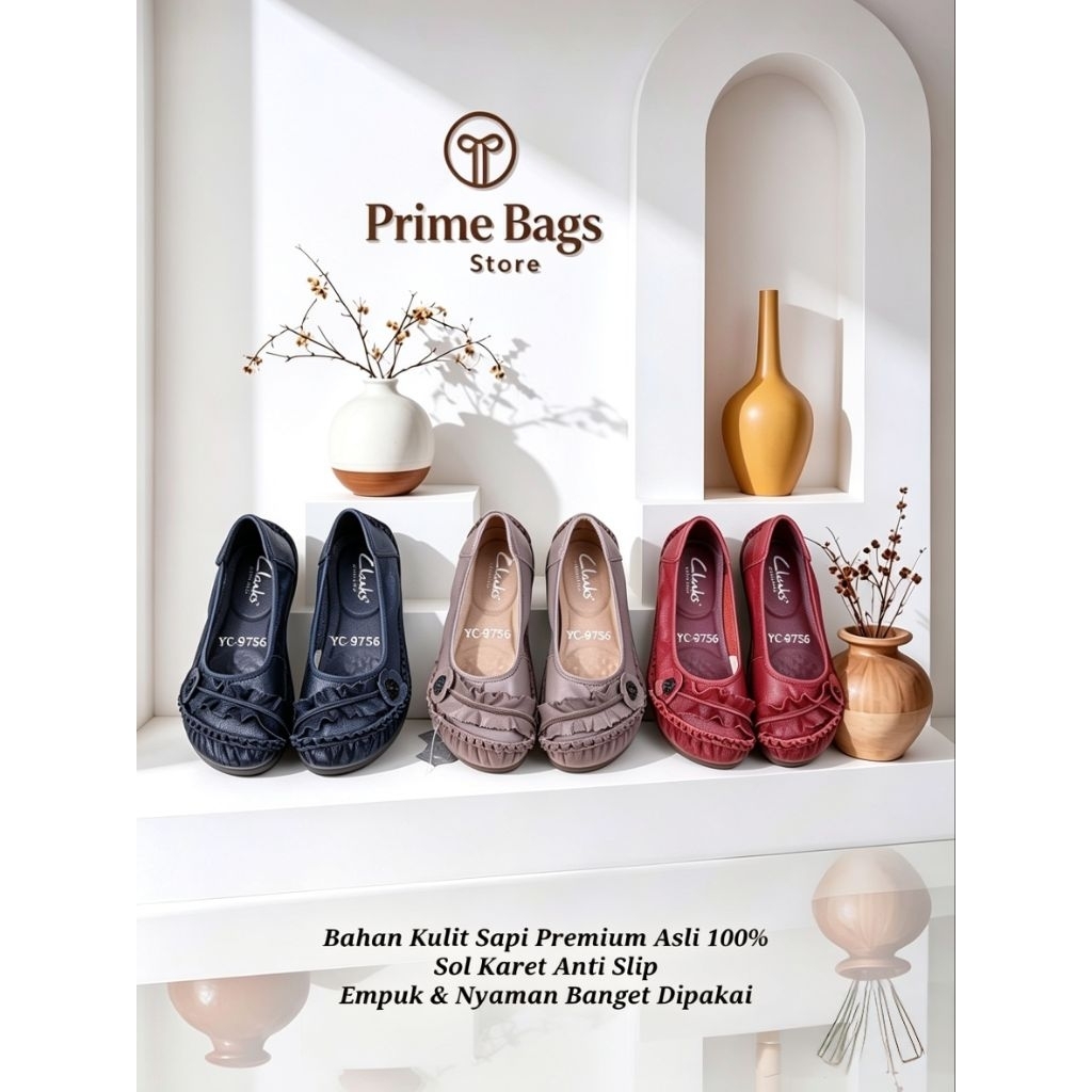 Prime Bags Store- Sepatu Wanita ClarksKulit Sapi Asli YC-9756 Flat Slip On Empuk Nyaman Sepatu Kerja
