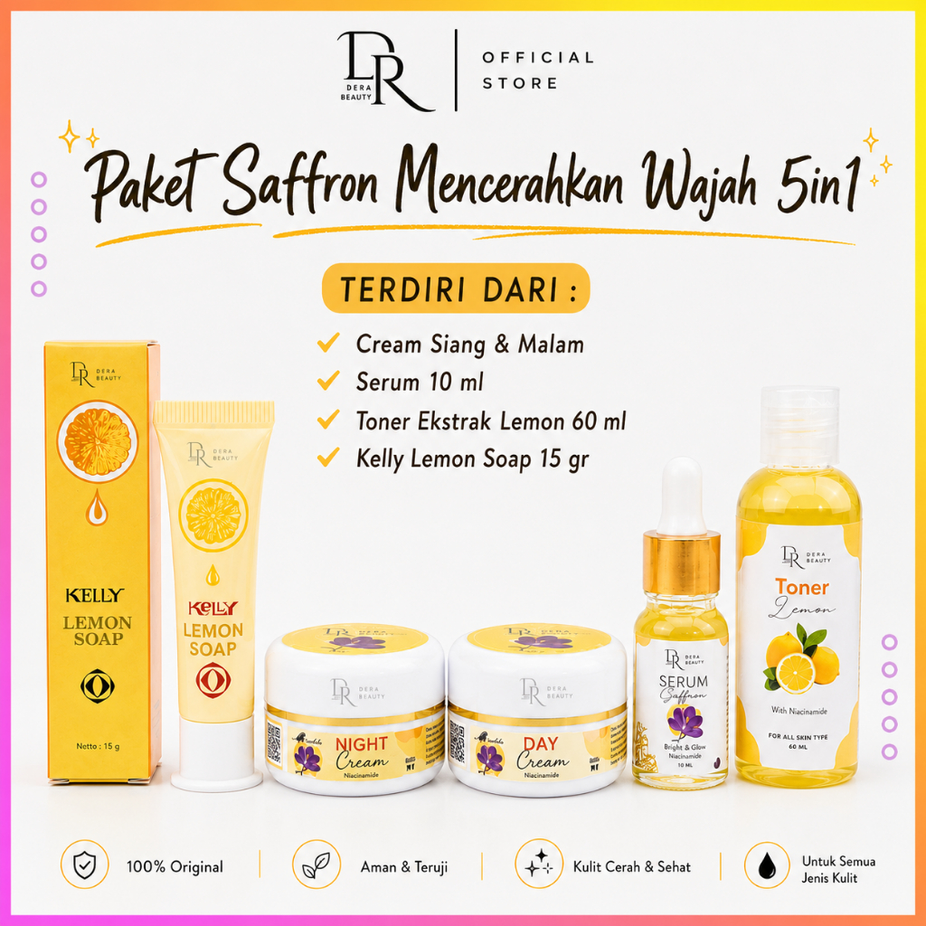 Paketan Saffron Cream Siang Malam + Serum saffron + Toner Ekstrak Lemon + Kelly Lemon Soap 15gr