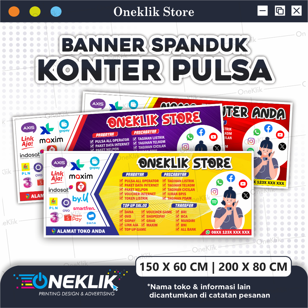 Spanduk Banner Konter Pulsa/ Banner Spanduk Konter Murah / Aksesoris Konter / Variasi MMT 4 -ONEKLIK