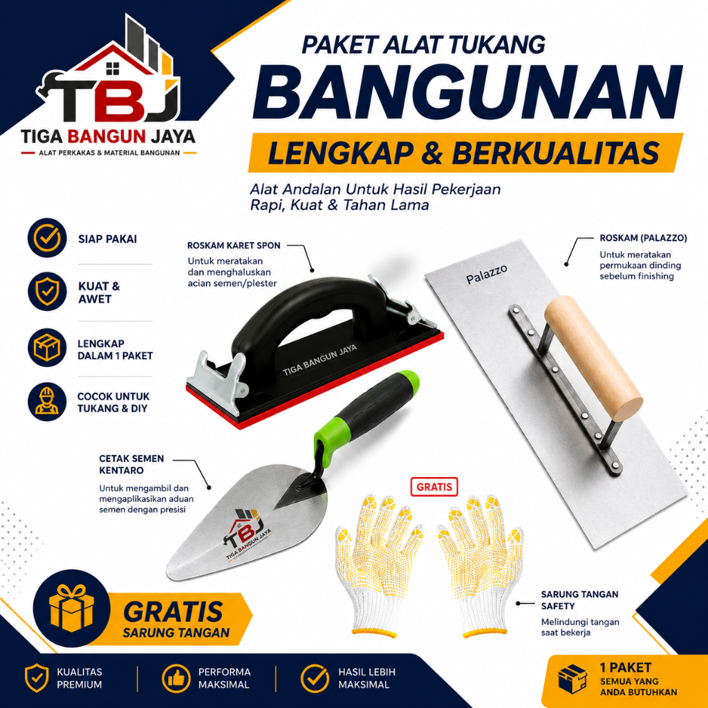 Paket Alat Plester Dinding Lengkap Roskam Aci Tembok / Paket Alat Tukang Roskam Acian 4 PCS / Roskam