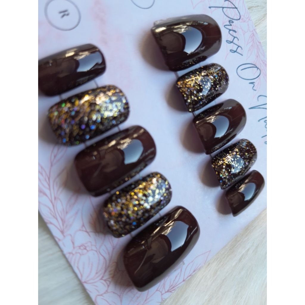 Kuku Palsu / Coklat / Glitter / Medium Square / Kuku Pendek / Press On Nails / Fake Nails / Kuku Pal