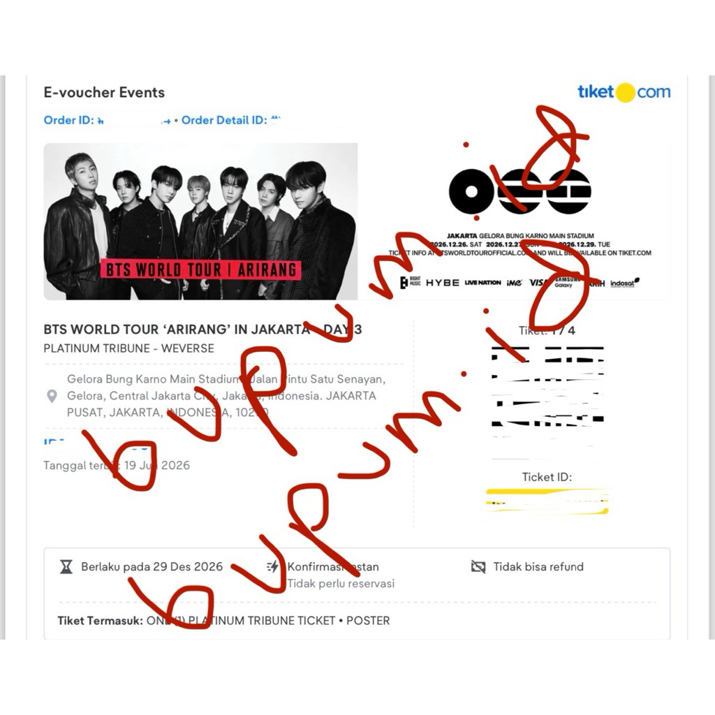TIKET KONSER BTS ARIRANG WORLD TOUR IN JAKARTA INDONESIA DAY 3 SELASA 29 DESEMBER 2026 BANGTAN WEVER
