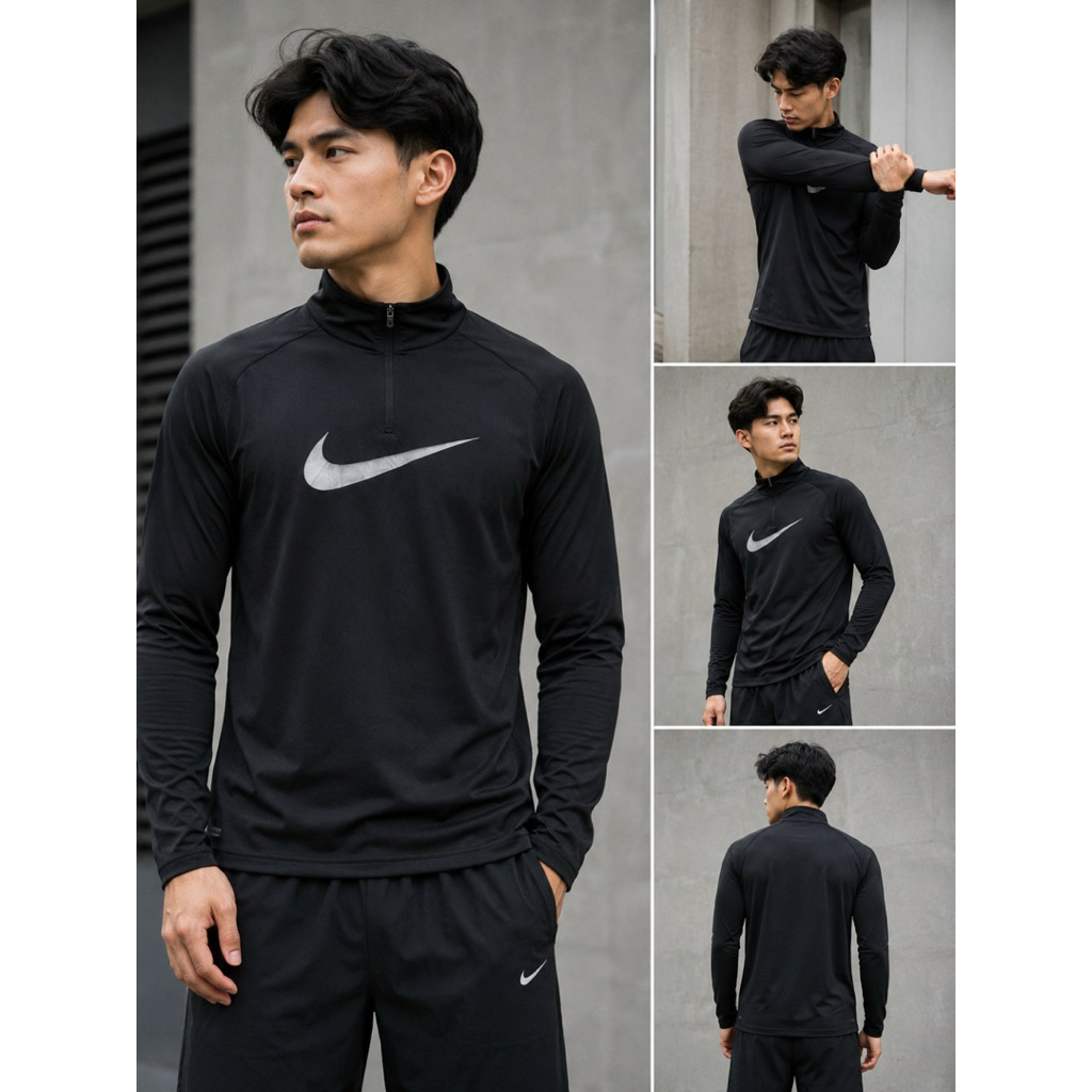 Nike Dri-FIT Half Zip Baselayer Pria Lengan Panjang Hitam Quick Dry Running Gym Training Outdoor