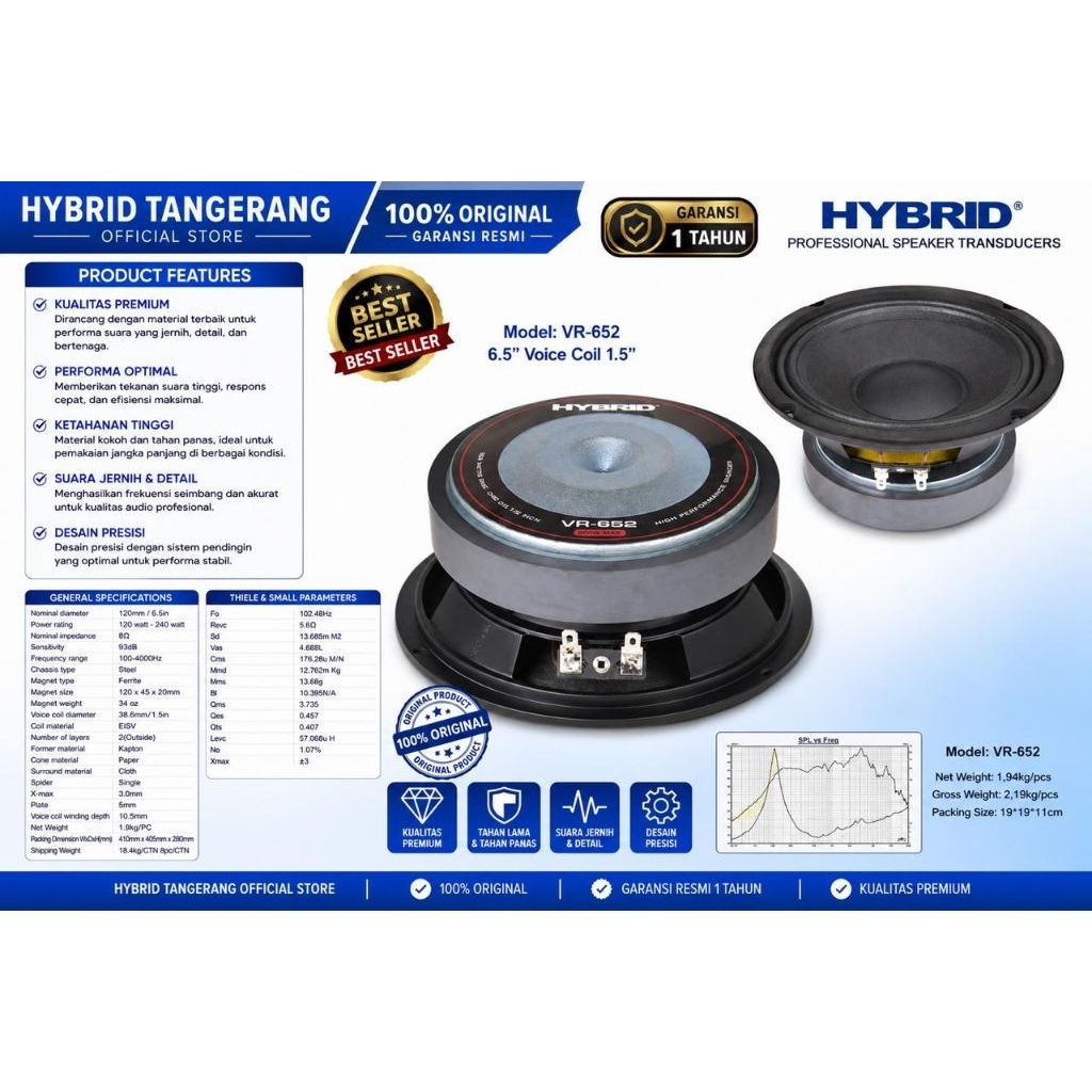 SPEAKER KOMPONEN 6,5 INCH HYBRID VR652 VR 652 VR-652 GARANSI RESMI 1 TAHUN