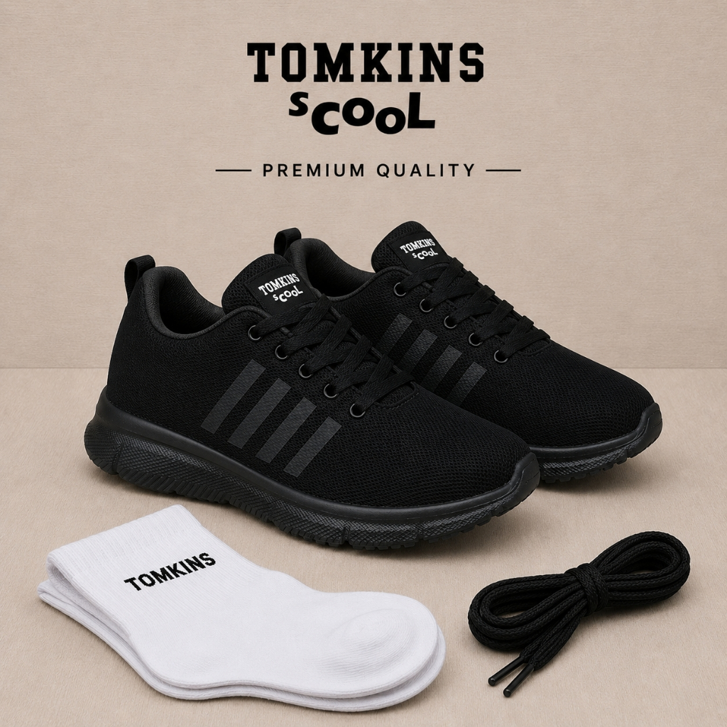 [COD] Tomkins Scool Edition Sepatu Sekolah SD SMP SMA Hitam Polos Unisex  - Sepatu Running Ringan De