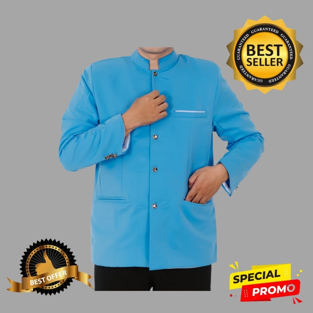 Jas Koko Jasko Mandarin Warna Biru Langit  / Baby Blue Pria Terlaris List saku putih