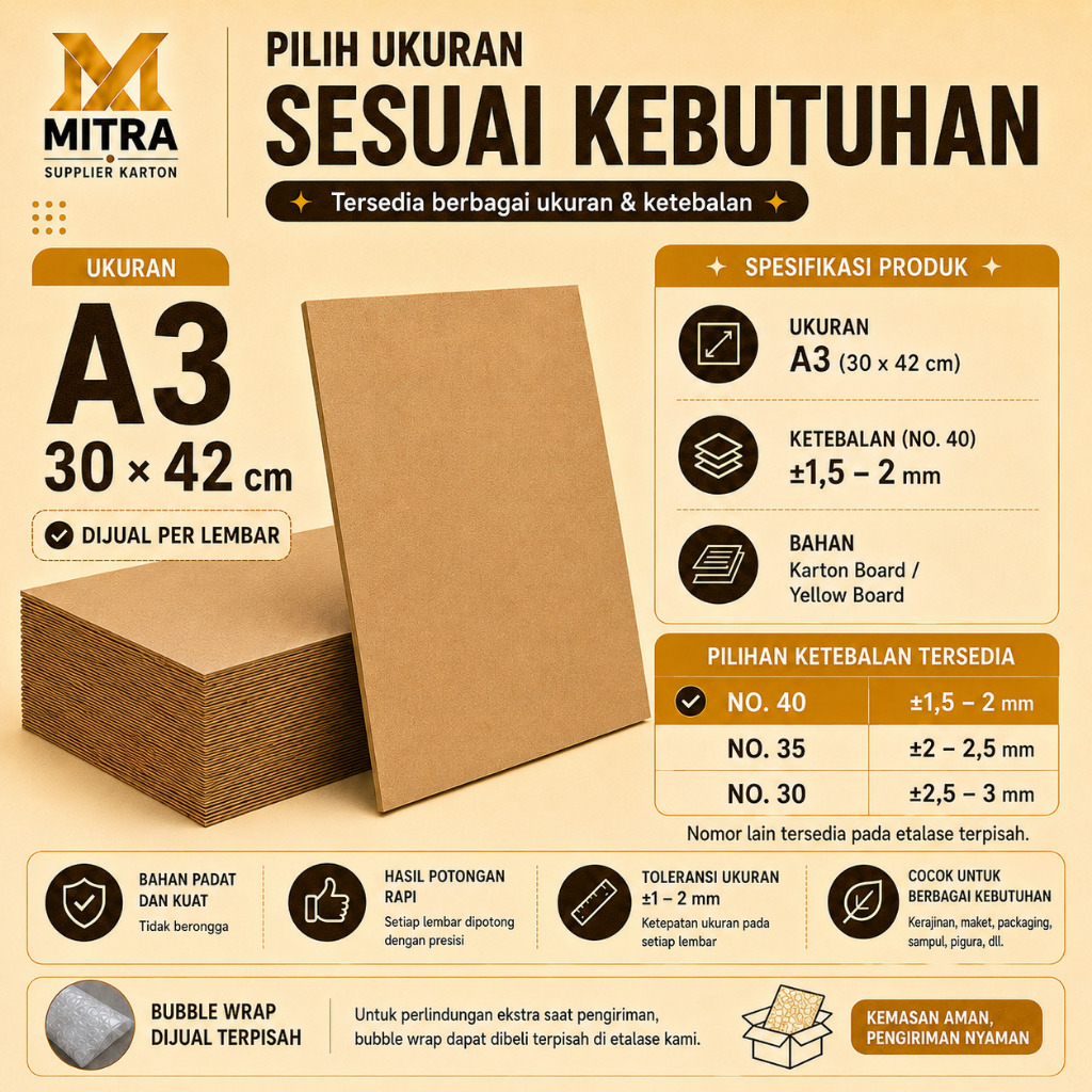 Yellow Board A3 42x30cm Karton No 40 Tebal 1.5-2mm Alas Dokumen Kerajinan Packaging