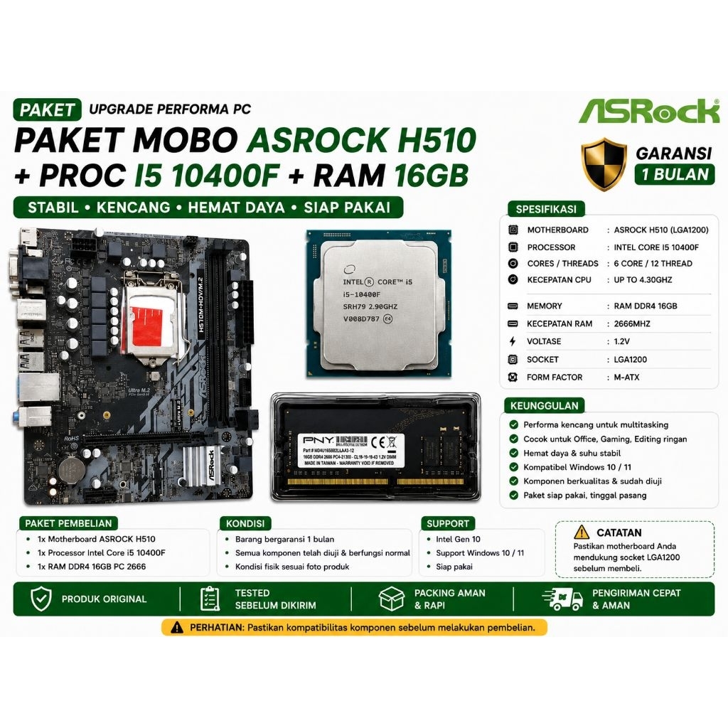 PAKET MOBO ASROCK H510 + I5 10400F + RAM 16GB