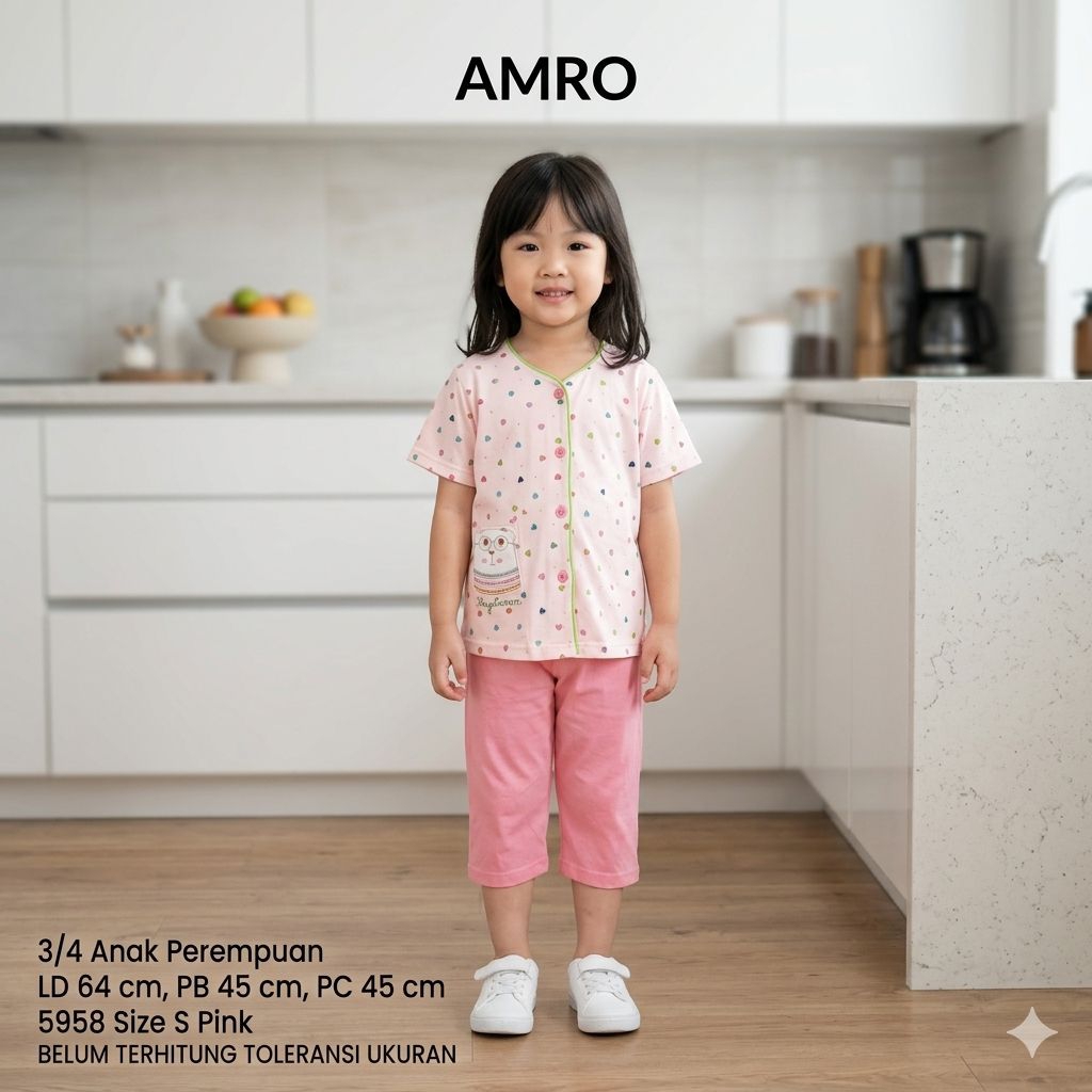 AMRO Setelan Baju Tidur Babydoll Oneset Piyama 3/4 Anak Perempuan  Celana Pendek Size S