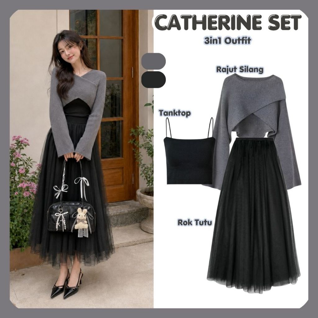 One Set 3in1 Outfit Korean Style Kekinian (Rajut Silang, Tanktop, Rok Tutu) Hijab Friendly - Valk026