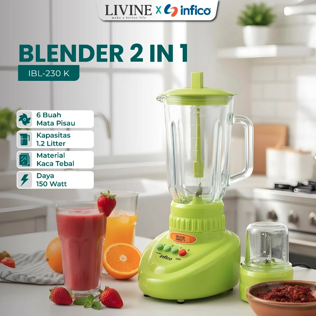 Infico Blender Kaca 2in1 Buah & Bumbu Kapasitas 1.2 Liter IBL-230K