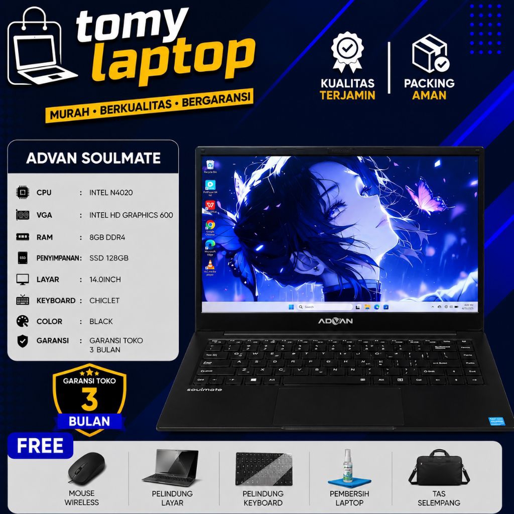 LAPTOP SECOND JAMINAN GARANSI TOKO ADVAN SOULMATE INTEL N4020 INTEL HD GRAPHICS 600 RAM 8GB SSD 128G