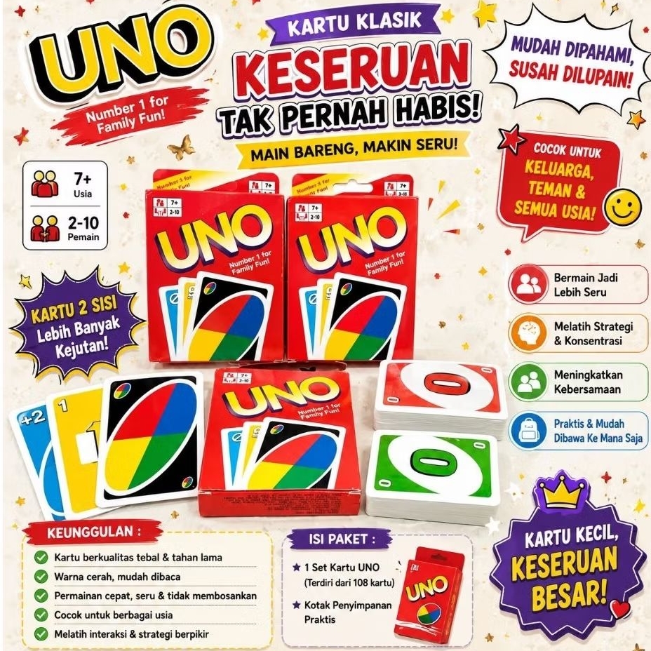UNO FLIP Kartu Dan UNO Card Game Klasik Permainan Keluarga Card Game Double Sided Seru Edukatif Main