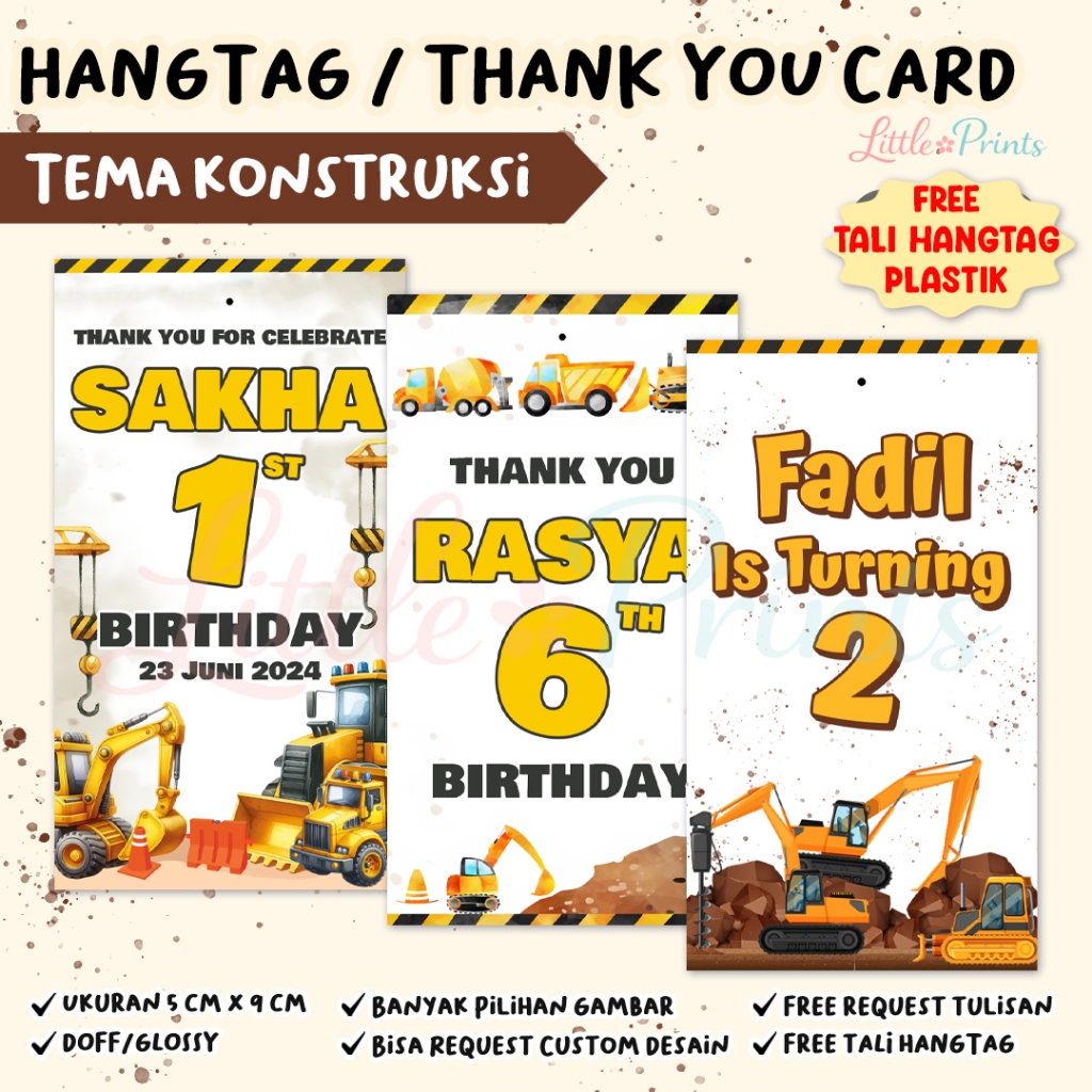 Hang Tag Souvenir Tema Excavator Konstruksi Custom - Gantungan Souvenir - Birthday Tag - Thank You C