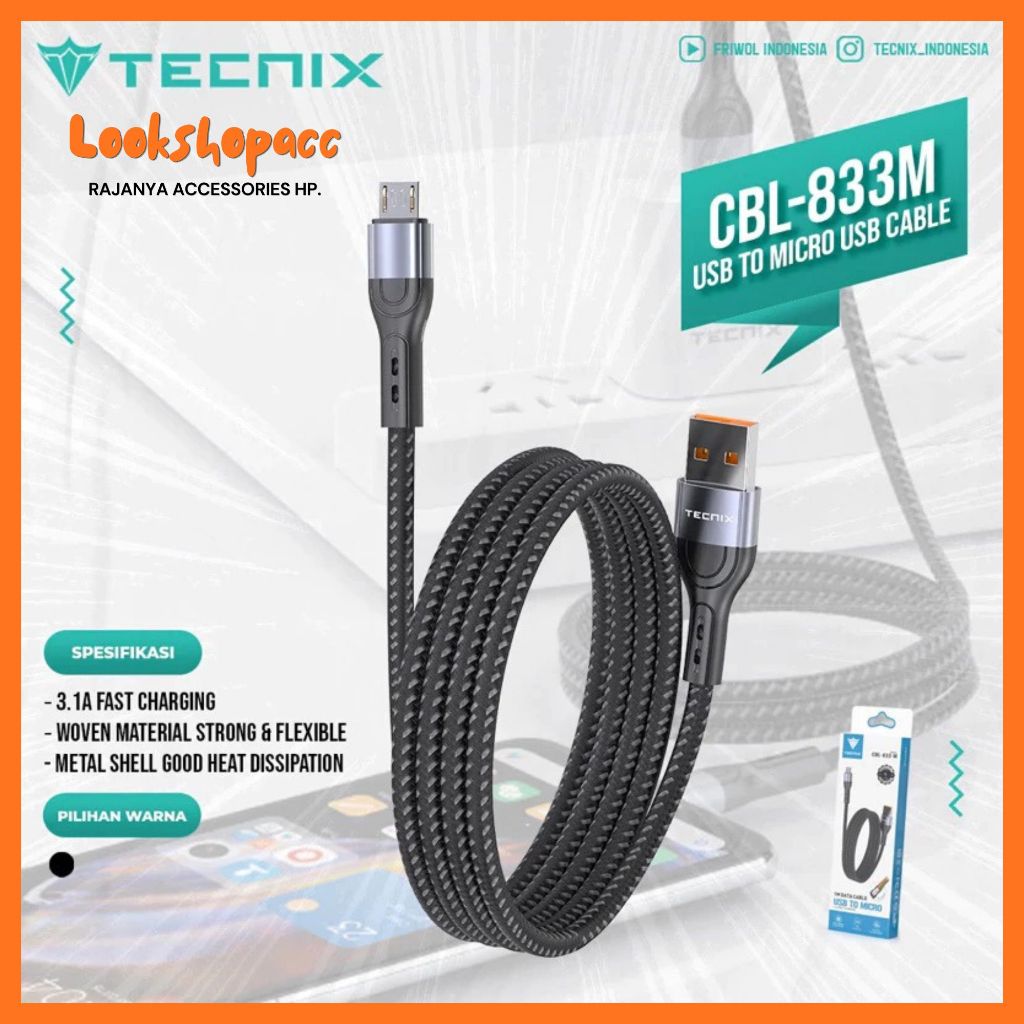 TECNIX Kabel Data CBL-833-M Micro/CBL-833-C Type-C/CBL-833-L Lightning 3.1A Data Cable  Fast Chargin