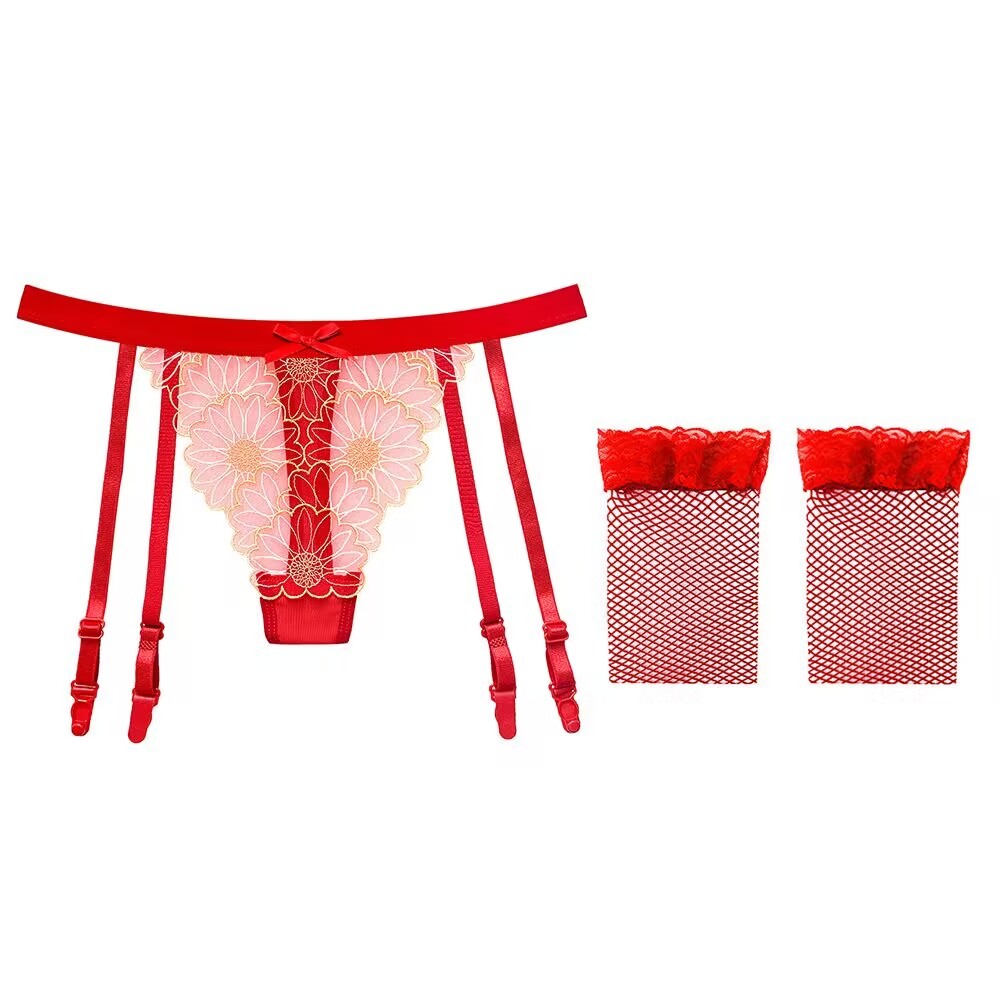 Dezenna Celana Dalam Set Garter Belt Sexy G String Wanita Floral Transparan 5T09