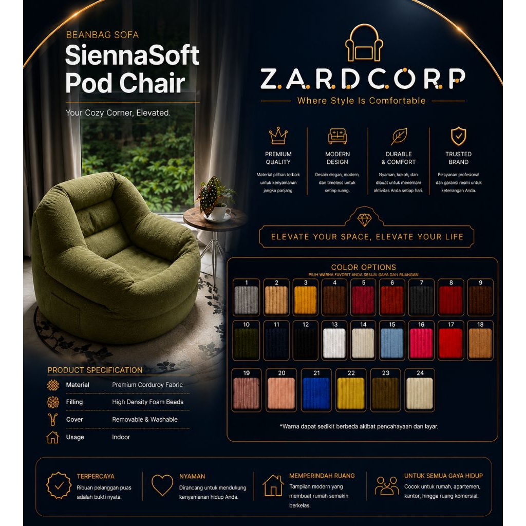 Beanbag Sofa SiennaSoft Pod Chair – Sofa Santai Lesehan Empuk Aesthetic untuk Kamar & Ruang TV | Bah