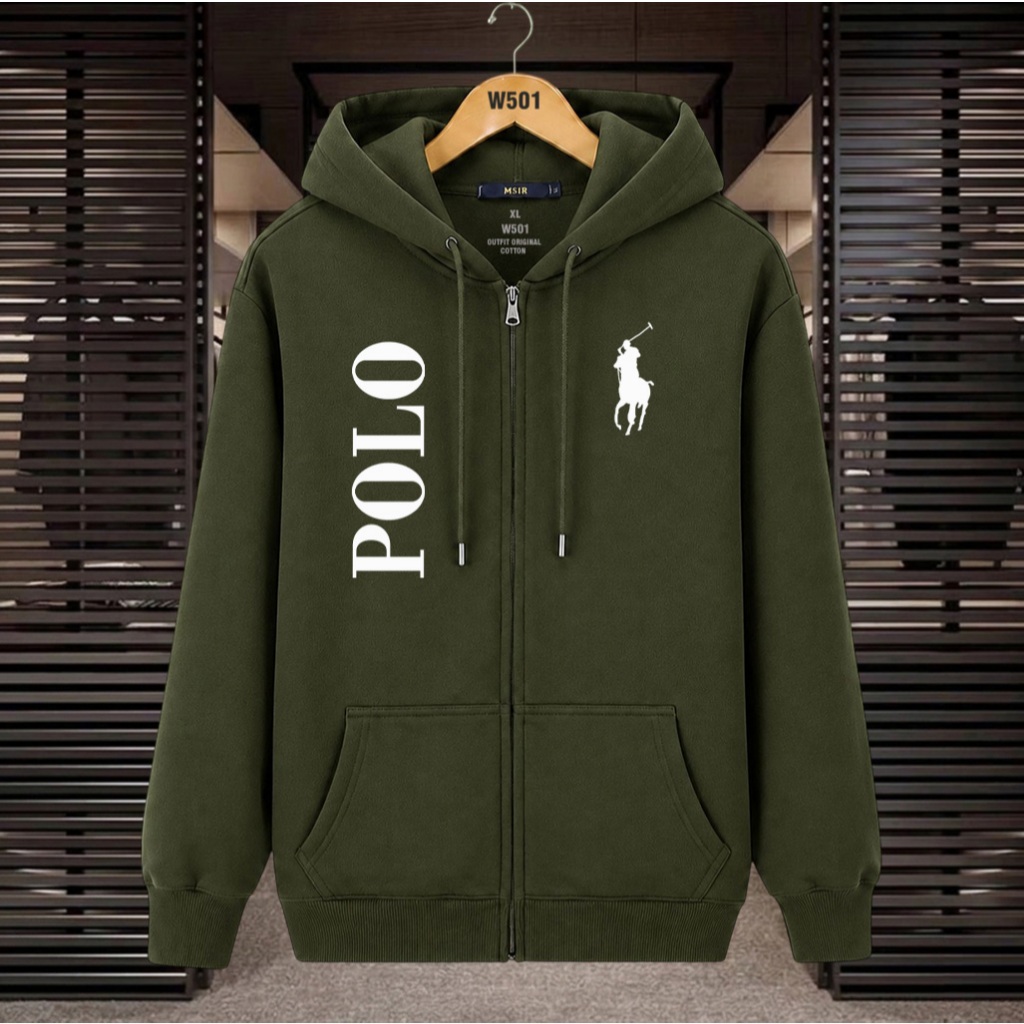 W501 - Jaket Zipper Distro Polo-Kirka Putih Bahan Tebal 280 Gsm Jaket Hoodie Dewasa Kekinian Pria & 
