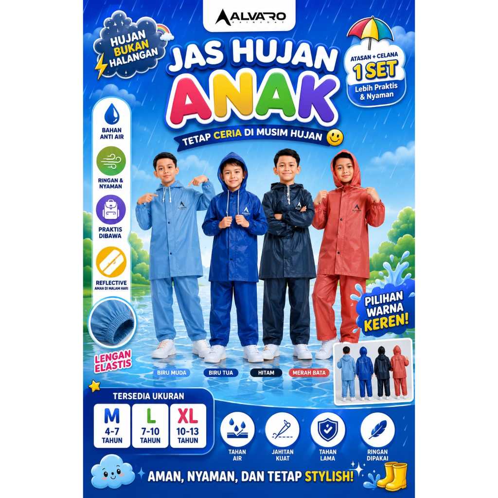ALVARO_Jas Hujan Anak Laki laki Perempuan Mantel jas hujan Setelan Anak Anti Rembes Tebal Elastis by